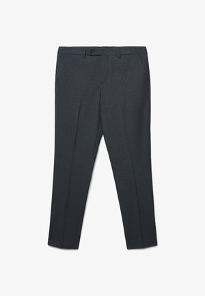 Dark gray tailored dress pants with side pockets and a buttoned waistband, laid flat on a white background.