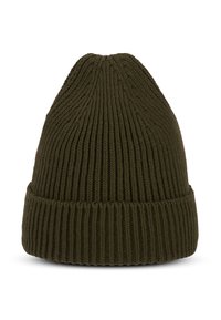 Căciulă tricotată în verde măsliniu, cu o textură ribbed. Are un vârf rotund și un manșon pliabil pentru un fit ajustabil.