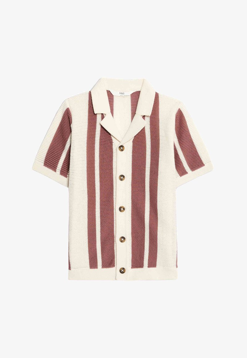 Maglietta a maniche corte in maglia con strisce alternate color crema e bordeaux, colletto e cinque bottoni marroni fissati sul davanti.