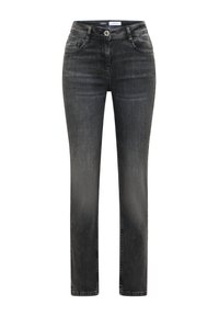 Jeans de mezclilla negra con corte recto, cinco bolsillos, cierre de botón y cremallera, y un desvanecimiento sutil en toda la prenda. Fabricados con un tejido suave y duradero.