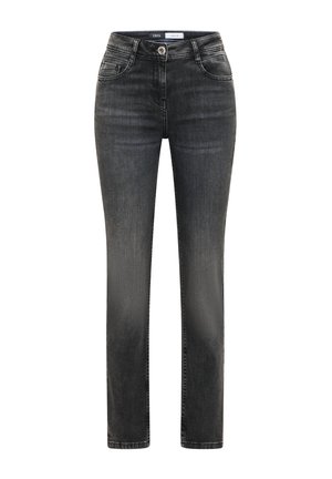 Sorte denim jeans med lige pasform, fem lommer, knap- og lynlåslukning, samt subtilt slid. Fremstillet af blødt, slidstærkt stof.