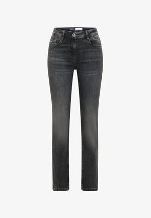 Schwarze Jeans aus Denim mit geradem Schnitt, fünf Taschen, Knopf- und Reißverschluss und dezenten Ausbleichungen. Hergestellt aus weichem, strapazierfähigem Stoff.