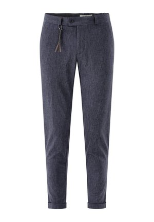Dunkelblaue Hose aus strukturiertem Stoff, mit einem Frontknopfverschluss, seitlichen Taschen und einem dekorativen Quastenakzent am Bund.