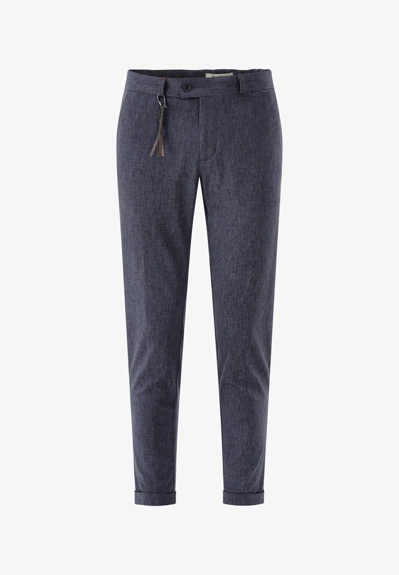 Navy blue pants made of textured fabric, featuring a front button closure, side pockets, and a decorative tassel accent on the waistband.