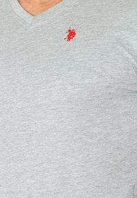 Gray v-neck t-shirt made from a soft, textured fabric featuring a small red embroidered logo on the left chest.