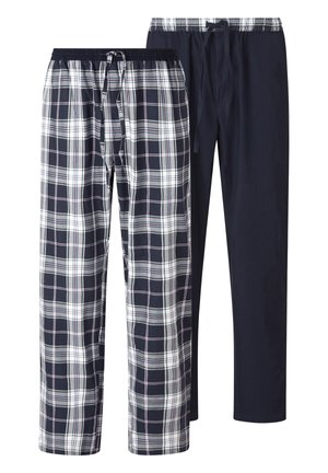 Navy blue lounge pants with a relaxed fit, elastic waistband, and plaid accent detail. Made from a soft, lightweight fabric.