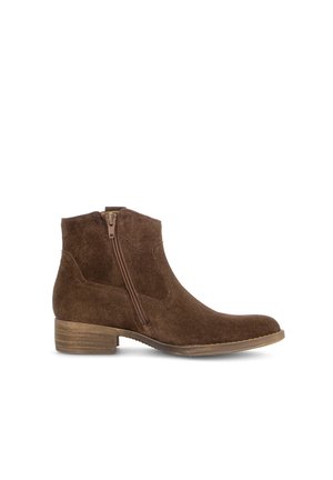 Brown suede ankle boot with side zipper and low stacked wooden heel, shown from the outer side on a white background.