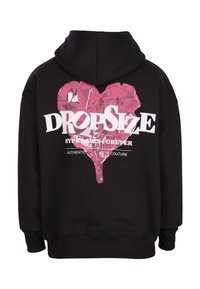 Black hooded sweatshirt featuring a large pink heart graphic with a glossy texture, "DROP SIZE" in white letters, and ribbed cuffs.