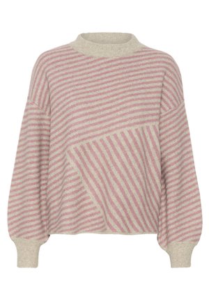 Strickpullover mit Rundhalsausschnitt, der einen hellbeigen Grundton und kontrastierende, sanfte rosa Streifen aufweist. Ballonärmel und strukturierte Oberfläche.