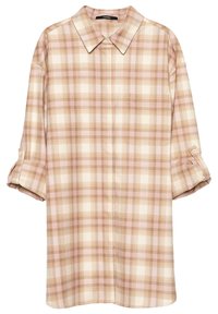Knapp-up skjorta i rutigt mönster med nyanser av rosa, beige och krämfärgad; har krage, långa ärmar och en bröstficka.