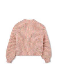 Pull en tricot en fil multicolore doux. Présente une coupe courte, des poignets et un ourlet côtelés, ainsi qu'un col rond. Design texturé et léger.