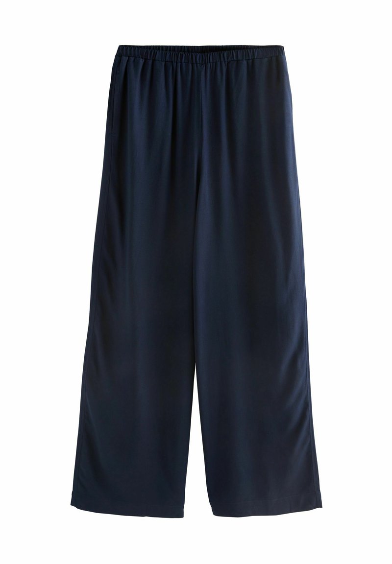 Tmavě modré kalhoty culottes vyrobené z hladké látky, s elastickým pasem, širokými nohavicemi a jednoduchým designem. Bez viditelných vzorů nebo akcentů.