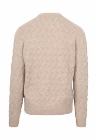 Beiger Pullover mit Zopfmuster, Rundhalsausschnitt, strukturiertem Design, gerippten Bündchen und Saum. Die Rückansicht zeigt Muster und Material.