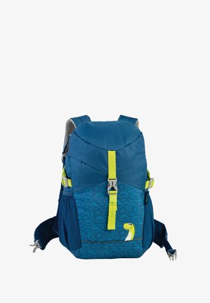 Blauwe rugzak met dino-patronen, gele accenten en verstelbare schouderbanden. Beschikt over een afgeronde bovenkant en meerdere vakken voor opbergruimte.