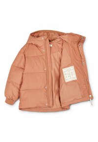 Padded jacket in soft peach color, featuring a hood, snap closures, ribbed cuffs, and an interior label with care instructions.