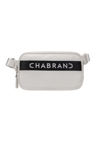 Sac à épaule synthétique blanc avec une bande tissée noire portant "CHABRAN" en lettres blanches. Forme rectangulaire avec une fermeture éclair. Bandoulière réglable.
