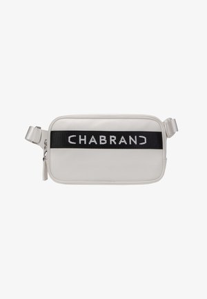 Borsa a spalla sintetica bianca con banda intrecciata nera con la scritta "CHABRAN" in lettere bianche. Forma rettangolare con chiusura con zip. Tracolla regolabile.