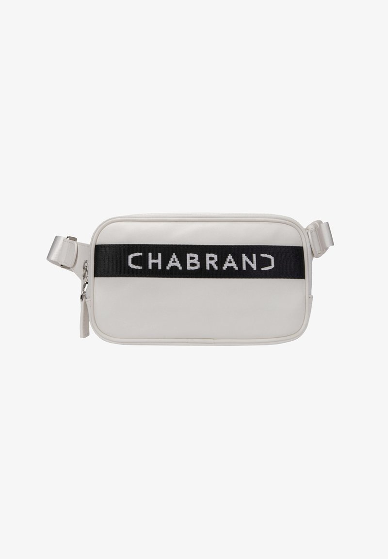 Borsa a spalla sintetica bianca con banda intrecciata nera con la scritta "CHABRAN" in lettere bianche. Forma rettangolare con chiusura con zip. Tracolla regolabile.