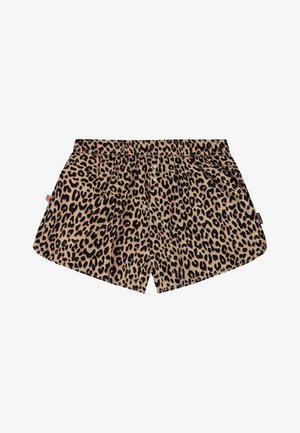 Leopardmønstrede shorts med elastisk midjebånd, med en tan base og svarte prikker, laget av mykt stoff for komfort.