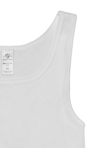 White tank top made from bio cotton, featuring a rounded neckline and wide shoulder straps. Label shows size 6/L and care information.