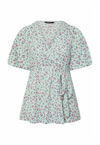 Blusa avvolgente floreale di colore azzurro chiaro con maniche corte, dotata di un laccio in vita e piccoli motivi di fiori rosa e viola.