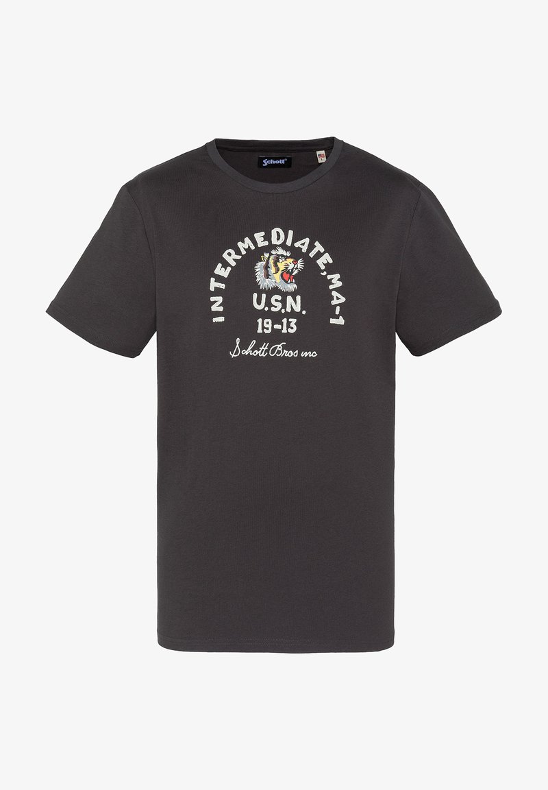 T-shirt noir à manches courtes avec un graphisme de tête de tigre et un texte blanc sur le devant indiquant "INTERMEDIATE MA-1 U.S.N. 19-13 Schott Bros mc".
