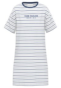 Abito a maniche corte a righe bianco e blu marino, con scollo rotondo e stampa del logo, realizzato in tessuto morbido e leggero.
