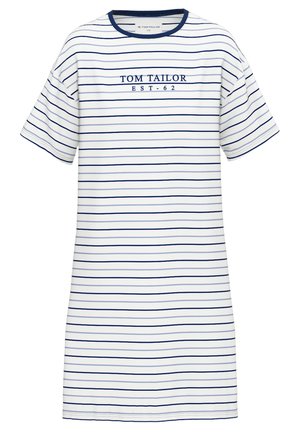 Pasiasta sukienka z krótkim rękawem w kolorze białym i granatowym, z okrągłym dekoltem i nadrukiem logo, wykonana z miękkiego, lekkiego materiału.