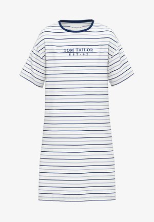 Gestreepte jurk met korte mouwen in wit en marineblauw, met een ronde hals en logo-opdruk, gemaakt van zachte, lichte stof.