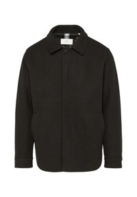 Schwarze Wollmischung Jacke mit Kragen, Frontknopfverschluss, seitlichen Taschen und langen Ärmeln. Glatte Textur und strukturierte Form.