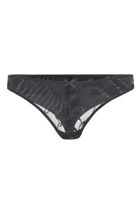 String noir en dentelle avec broderie florale, matériau transparent, une taille étroite et un petit nœud décoratif à l'avant.