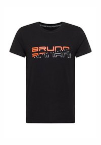 Sort bomulds T-shirt med korte ærmer, der har teksten "BRUNO BATTANI" i orange og grå, præsenteret i en moderne skrifttype på forsiden.