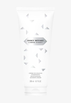 Tube blanc Issey Miyake Lumière d’Issey avec triangles argentés, crème de douche hydratante, 200 ml.
