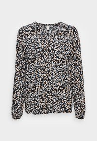 Langärmlige Bluse in Schwarz mit einem bunten, abstrakten Blumenmuster in Blau-, Pfirsich- und Weißtönen; verfügt über einen V-Ausschnitt und geraffte Manschetten.
