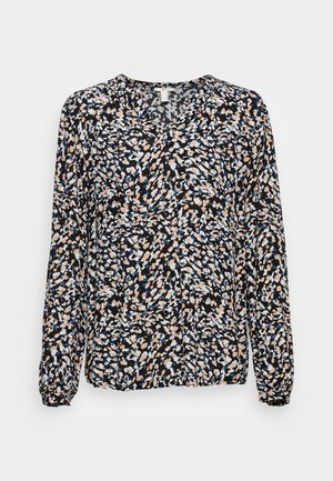 Blusa a maniche lunghe nera con un motivo floreale astratto colorato in tonalità di blu, pesco e bianco; presenta una scollatura a V e polsini arricciati.