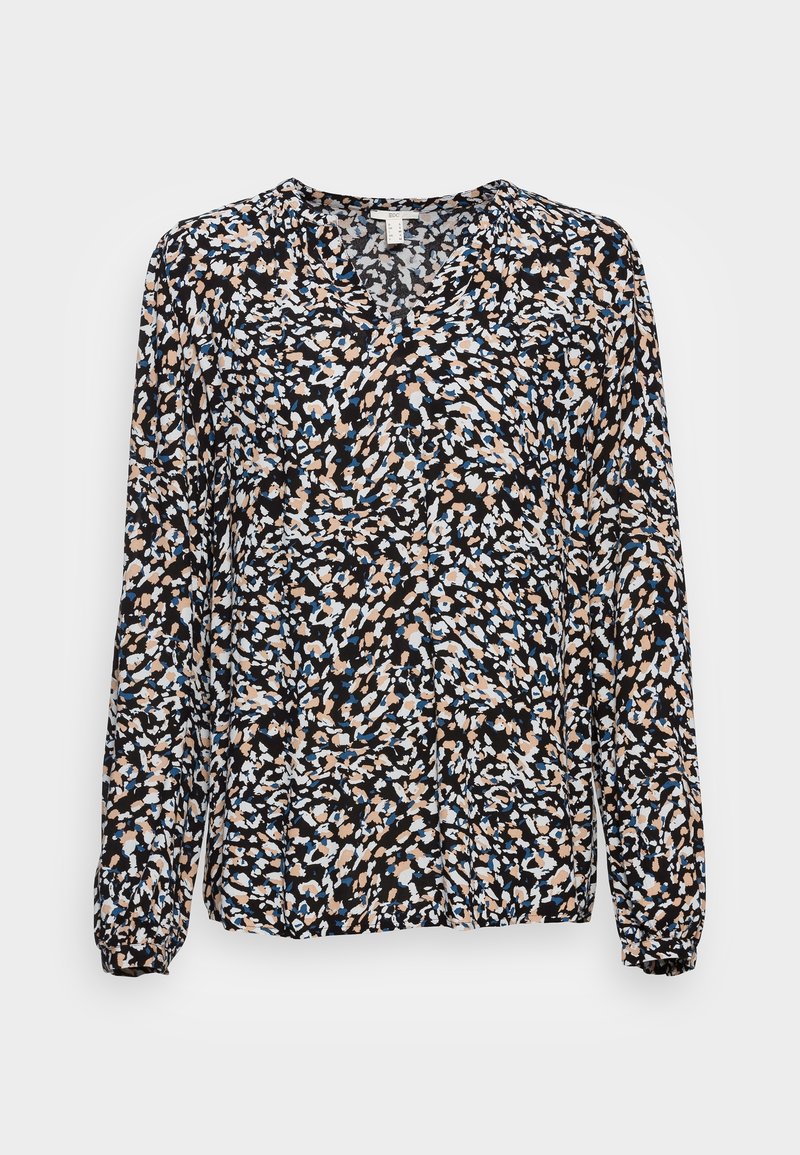 Langärmlige Bluse in Schwarz mit einem bunten, abstrakten Blumenmuster in Blau-, Pfirsich- und Weißtönen; verfügt über einen V-Ausschnitt und geraffte Manschetten.