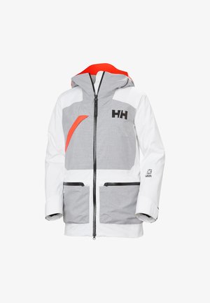 Waterdichte jas in het wit met grijze accenten. Beschikt over een capuchon, twee voorzakken met ritsen, en een opvallend logo op de borst.