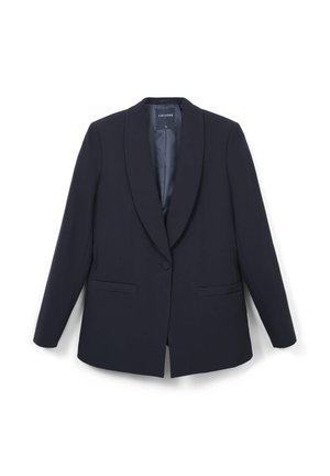 Blazer bleu marine en tissu lisse, doté d'un col châle, de deux poches frontales et d'une fermeture à un bouton pour un ajustement sur mesure.