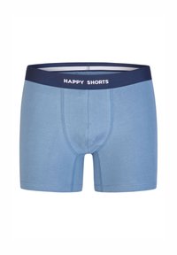 Niebieskie bawełniane majtki typu bokserki z granatowym pasem ozdobionym białym napisem "HAPPY SHORTS", charakteryzujące się gładką teksturą i dopasowanym krojem.