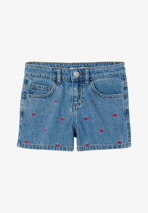 Blå denimshorts til småbørn med små røde hjerte-mønstre, frontknaplukning, bæltestropper og forlommer.