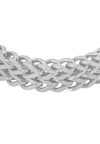 Bracciale in argento con maglie intrecciate, superficie liscia e lucidato, design piatto ed allungato che enfatizza la profondità.