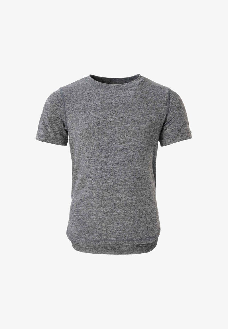 T-shirt gris chiné à manches courtes avec col rond, en tissu doux et léger, coupe slim, sans logos ni motifs visibles.