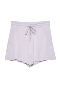 Pantalones cortos de color púrpura claro, hechos de una tela suave, con una cintura elástica y cordón, dos bolsillos laterales y un ajuste relajado.