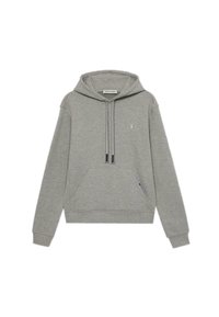 Šedá mikina z bavlněné směsi, která má přední kapsu, kapuci se stahovacími šňůrkami a malé logo na levém prsu. Měkká textura a uvolněný střih.