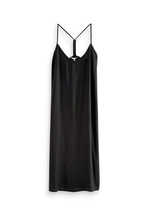 Robe midi noire sans manches avec fines bretelles spaghetti et un détail central au dos, présentée sur fond blanc.