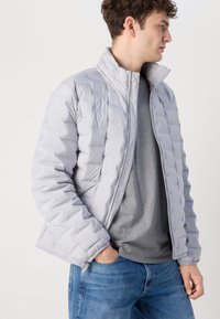 Lichtgrijze pufferjas met een hoge kraag, gewatteerde ontwerpen en een ritssluiting aan de voorkant. Draag het over een grijze shirt en gecombineerd met blauwe spijkerbroek.