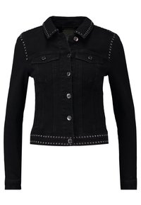 Chaqueta de mezclilla negra con mangas largas, detalles de tachuelas en los hombros y el dobladillo inferior, cuello afilado y cierre frontal de botones.