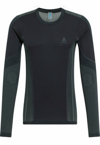 Langärmliges Sportshirt in Schwarz mit Netzpaneelen, strukturierten Akzenten und einem Logo. Verfügt über ein enganliegendes Design für aktive Kleidung.