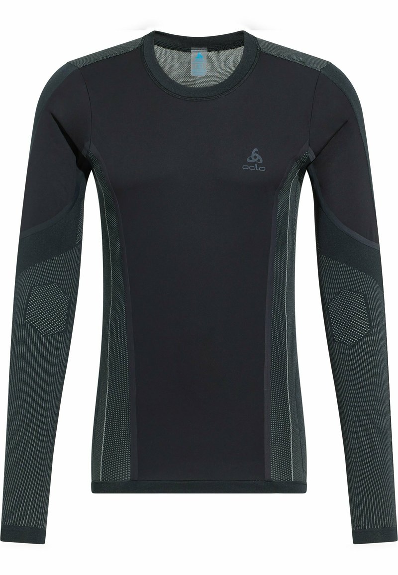 Langärmliges Sportshirt in Schwarz mit Netzpaneelen, strukturierten Akzenten und einem Logo. Verfügt über ein enganliegendes Design für aktive Kleidung.