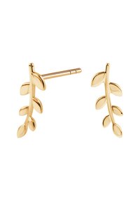 Złote kolczyki w kształcie liści, z wieloma owalnymi liśćmi wzdłuż zakrzywionego trzonka z bezpiecznym zapięciem na post. Gładka powierzchnia, błyszczące metaliczne wykończenie.